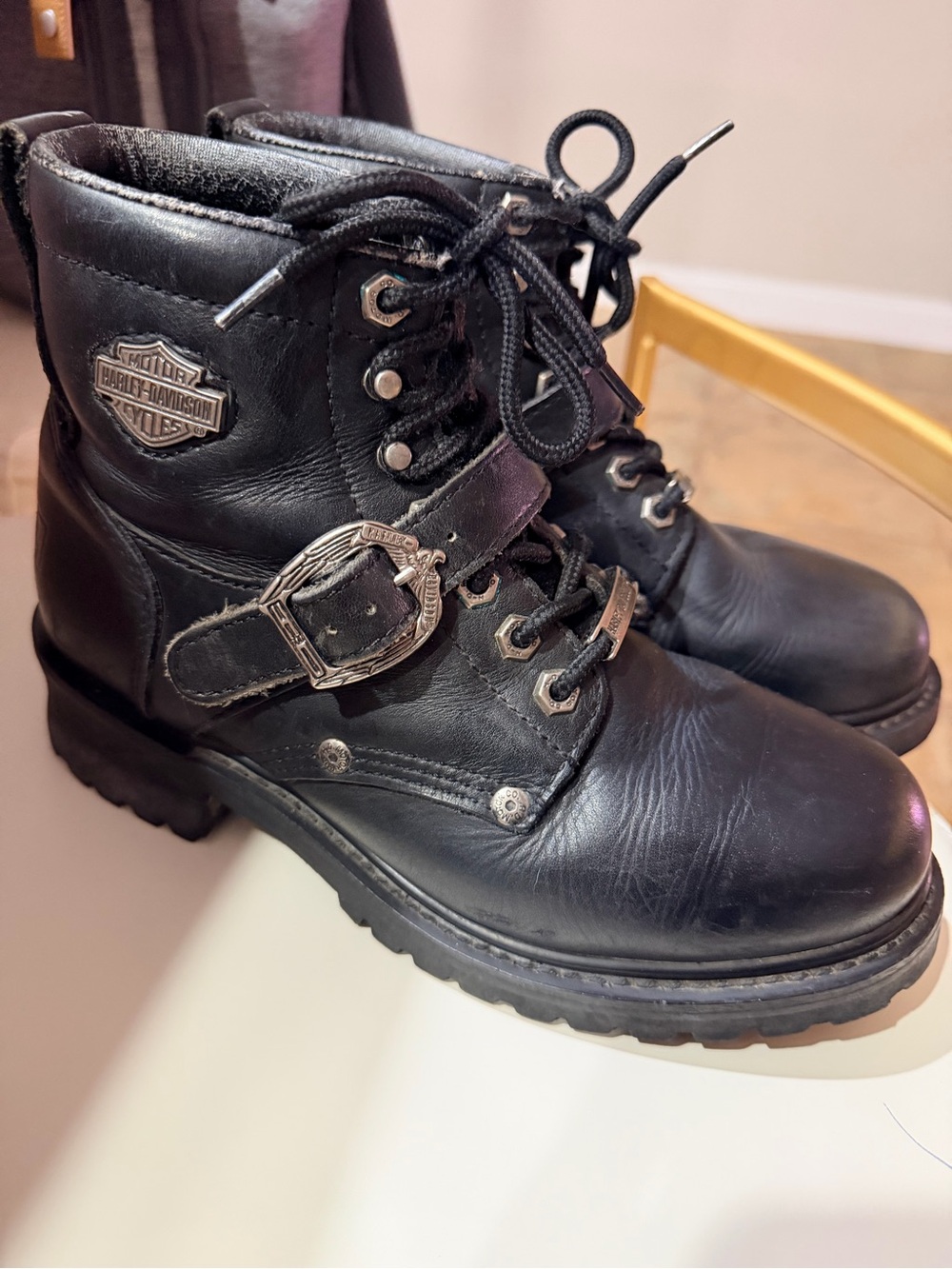 Harley-Davidson Black Leather Lace-Up Biker Boots with Buckle